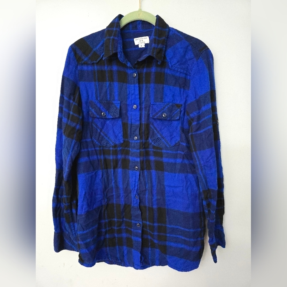 Matchstick Flannel Shirt Blue Plaid Roll Tab Sides Soft Womens Small